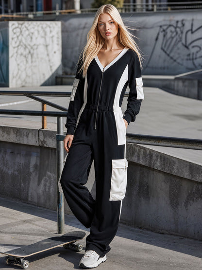 Retro Sporty Black And White Color-blocked Multi-pocket Cotton Jumpsuit