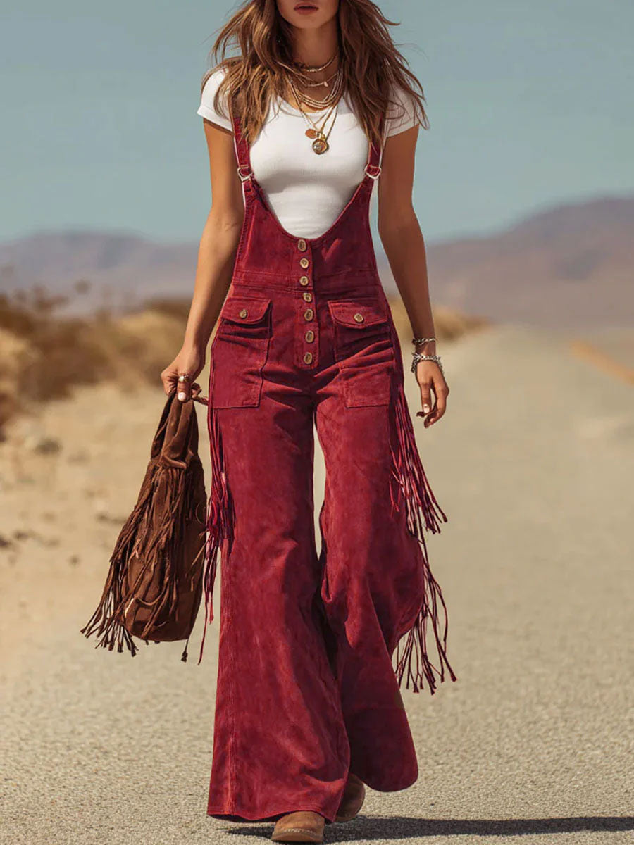 Micro suede Pocket Tassel Wide leg Overalls