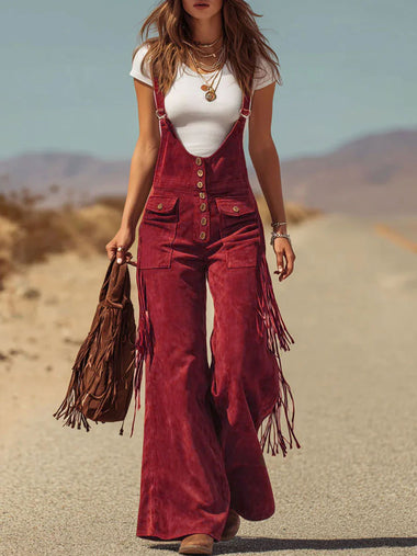 Brown Micro-suede Pocket Tassel Wide-leg Overalls