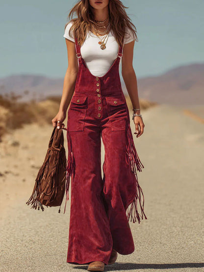 Brown Micro-suede Pocket Tassel Wide-leg Overalls