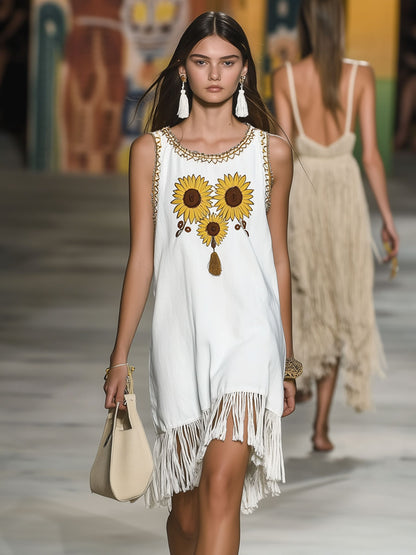 Casual Loose Vintage Sunflower Embroidery White Denim Tassel Mini Dress