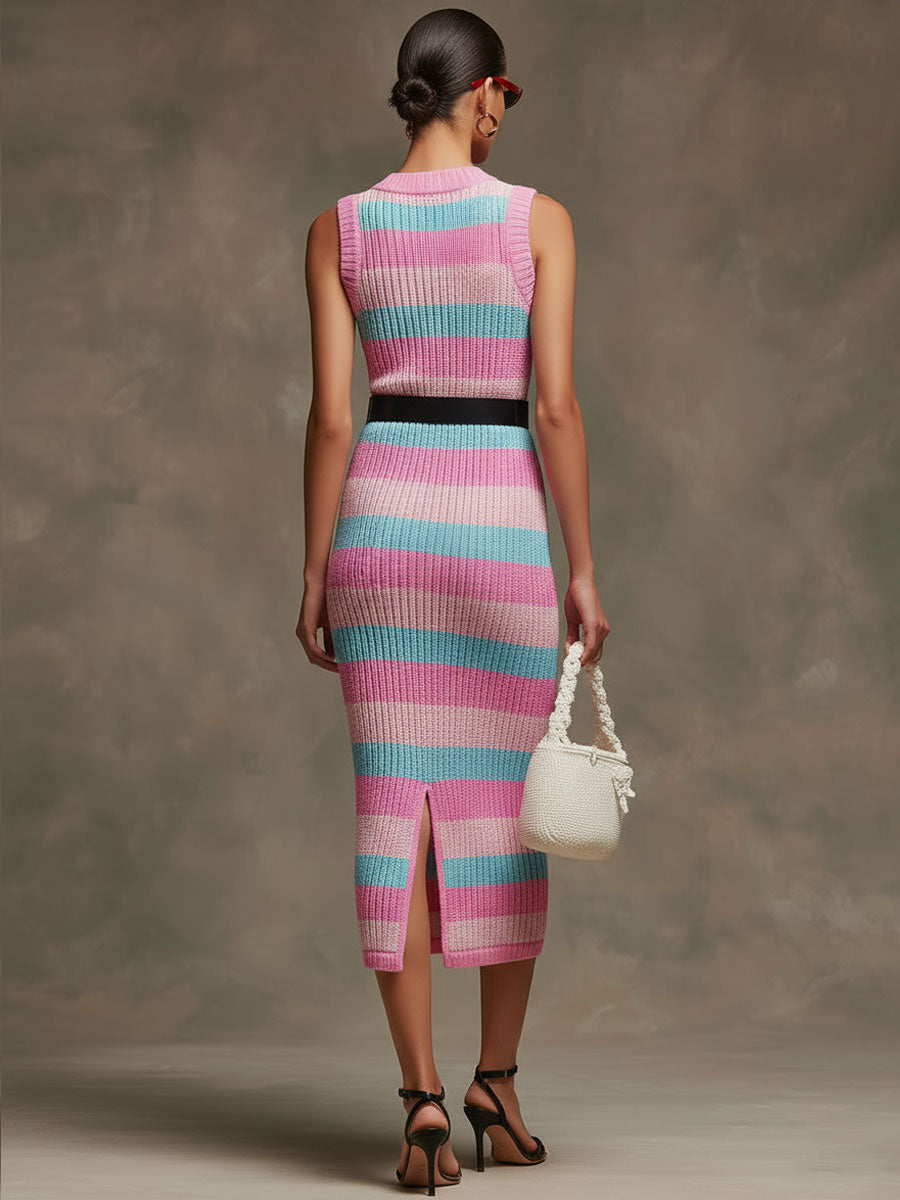 Elegant Retro Blue And Pink Knitted Sleeveless Midi Dress