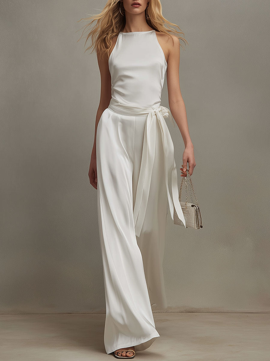 Stylish And Elegant White Satin Sleeveless Top And Pants Set