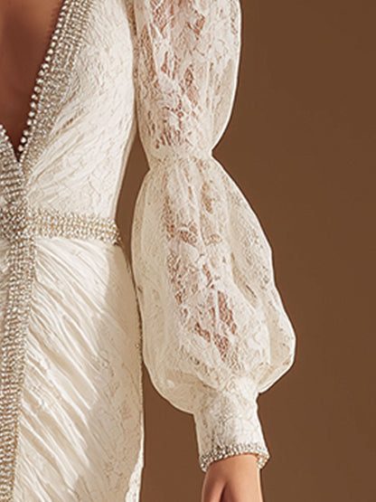 Stylish Vintage V-neck White Lace Midi Dress