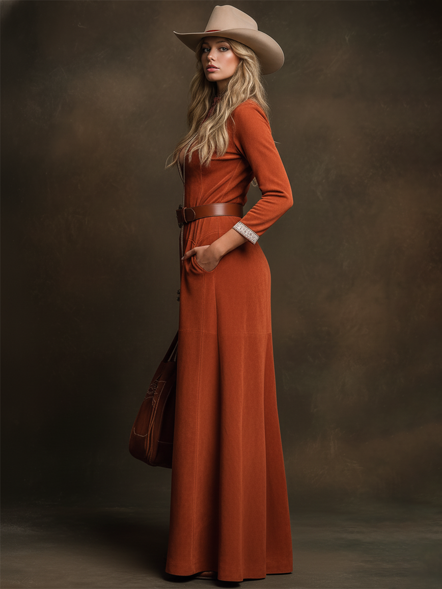 Minimalist Western-style V-neck White Suede Maxi Dress