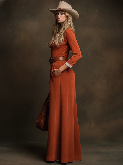 Minimalist Western-style V-neck White Suede Maxi Dress