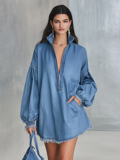 Vintage Charming Classic Elegant Casual Denim Mini Dress