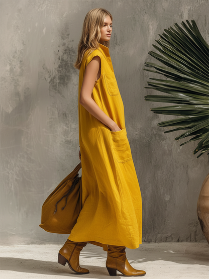 Vintage-style Vacation Collared Multi-pocket Sleeveless Cotton And Linen Maxi Dress