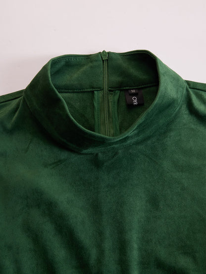 Semi-high Neck Off-the-shoulder Fringed Faux Suede Long-sleeved Mini Dress