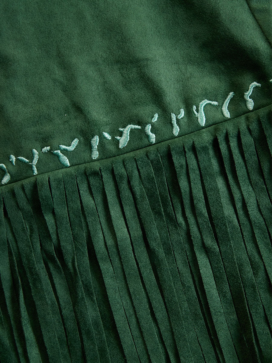 Semi-high Neck Off-the-shoulder Fringed Faux Suede Long-sleeved Mini Dress