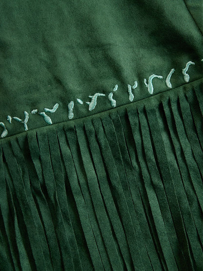 Semi-high Neck Off-the-shoulder Fringed Faux Suede Long-sleeved Mini Dress