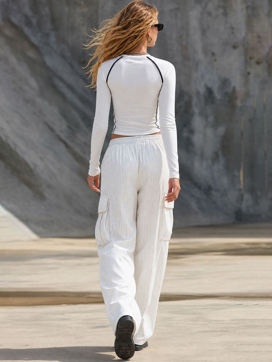 Casual Retro Round Neck White Long-sleeved T-shirt And Striped Cargo Pants Set