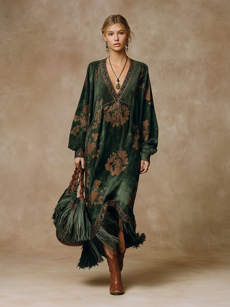 retro-silhouette-printed-green-faux-suede-tassel-maxi-dress - Oyrosy