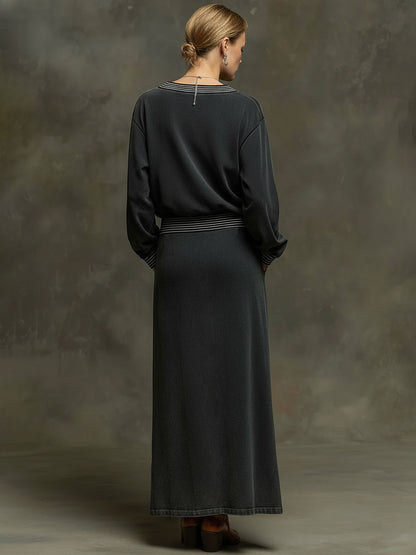 Sporty Retro Striped Ribbed Long-sleeved Dark Gray Washed Cotton Slit Maxi Dress