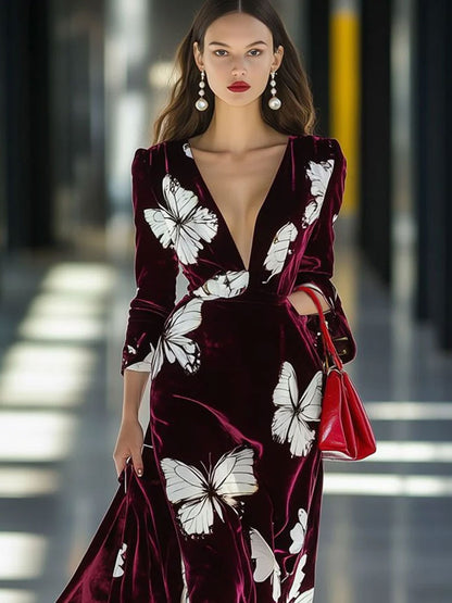 Fashion Retro Velvet Butterfly Print V-Neck Long Sleeve Slit Maxi Dress