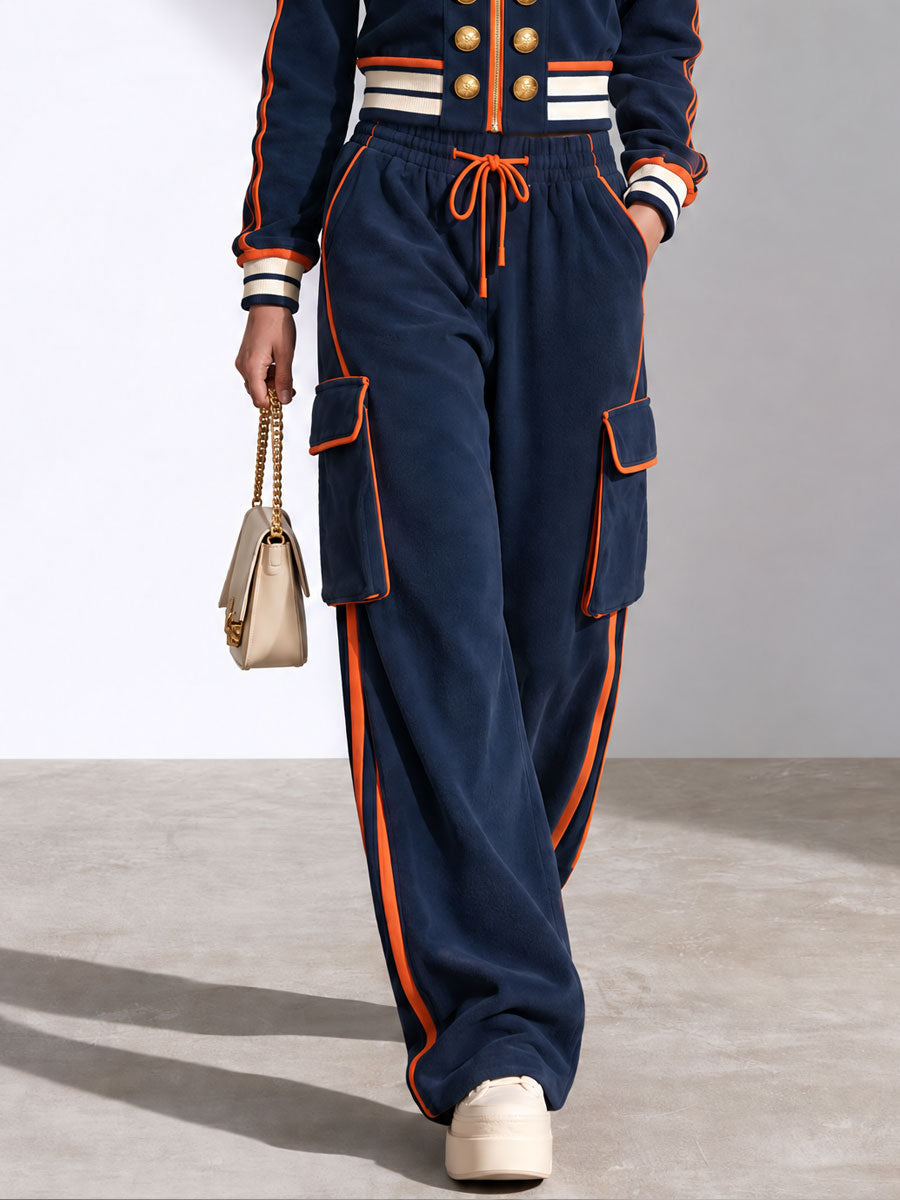 Sporty Retro Double-breasted Decorative Button-down Blue Jacket And Trousers Set