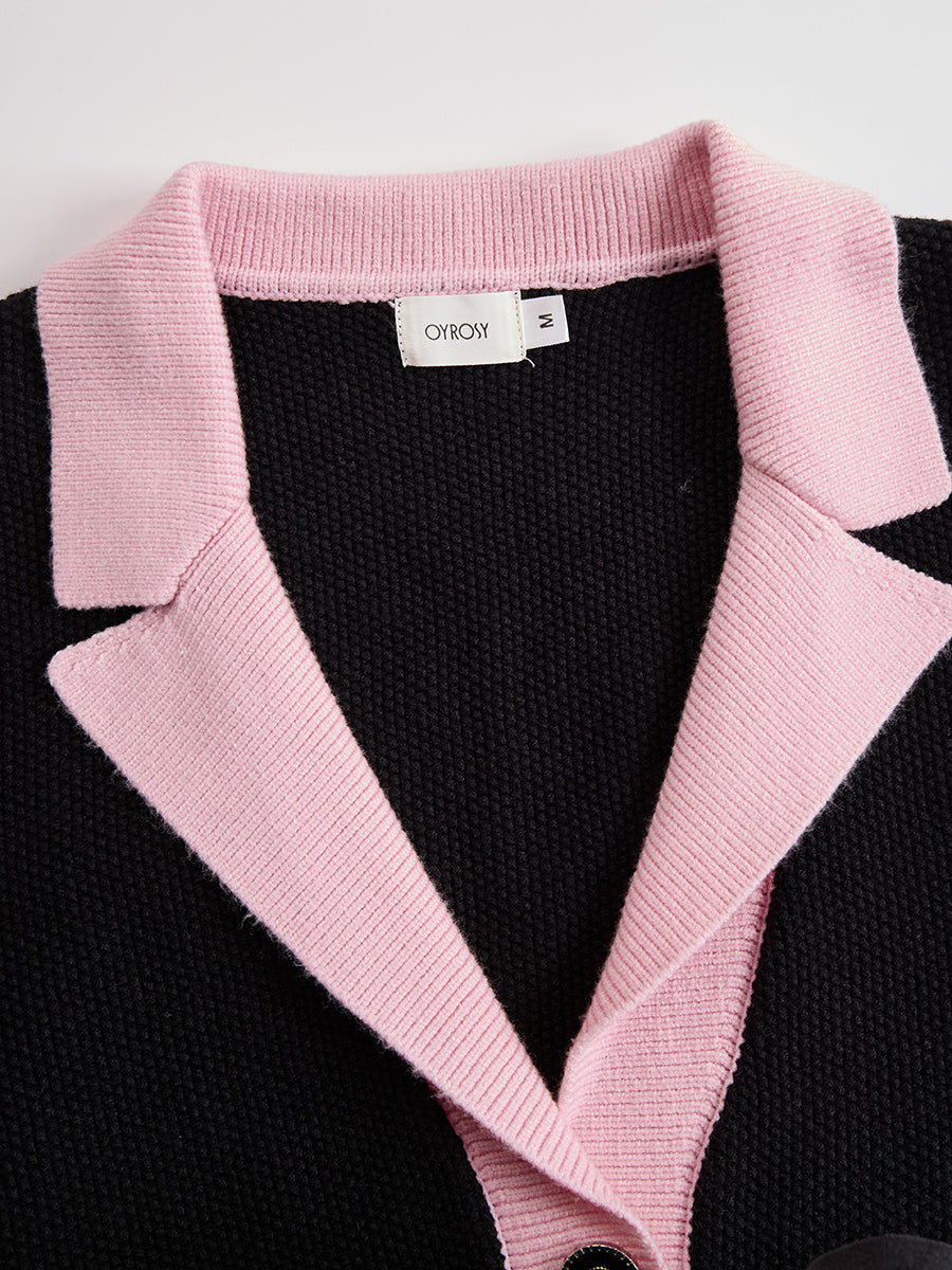 【24-hour shipping out】Black Contrast Pink Knitted Jacket And Skirt Set
