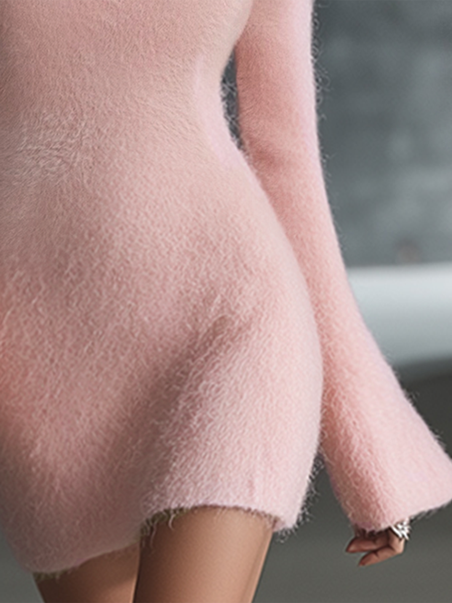 Romantic Square Neck Button Bell Sleeve Pink Seahorse Knit Mini Dress