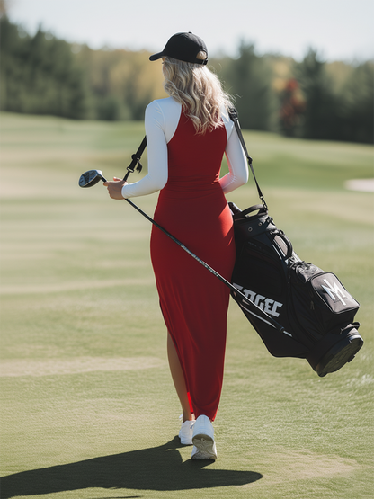 Trendy Red And White Color-blocked Slit Sporty Maxi Dress