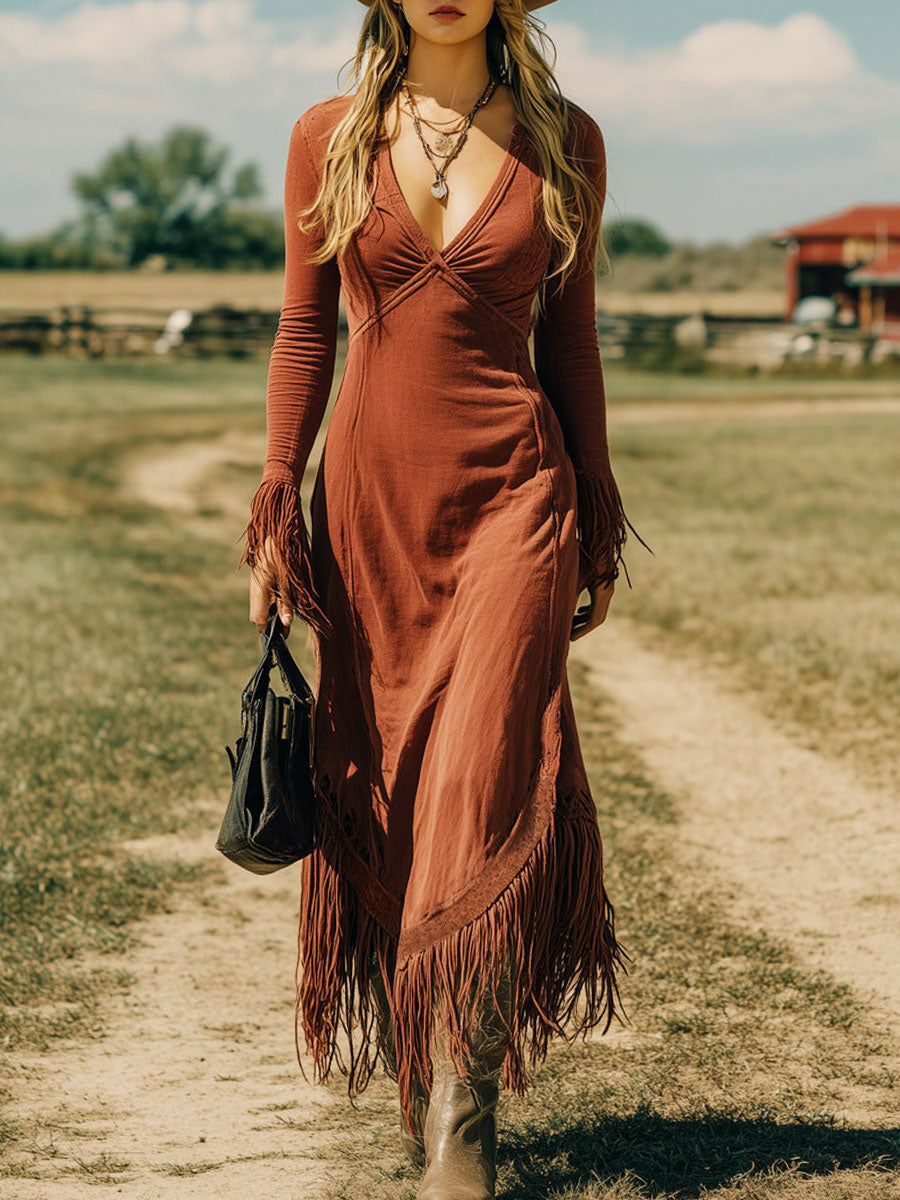 Western Retro Brick Red Cotton Long Sleeve Tassel Maxi Dress