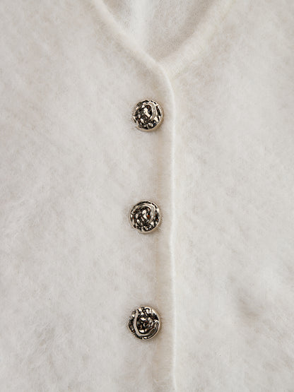 White Mohair V-neck Button Imitation Ostrich Feather Midi Dress