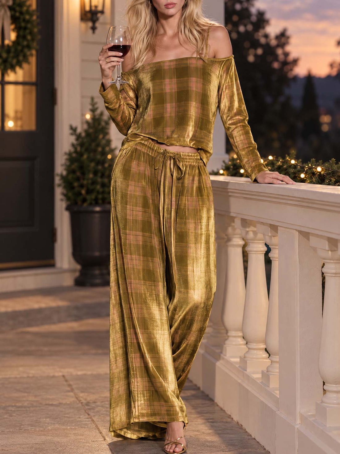 Boho Luxe Golden-olive Plaid Velvet Off Shoulder Top Wide Leg Pants Set
