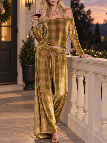 Boho Luxe Golden-olive Plaid Velvet Off Shoulder Top Wide Leg Pants Set