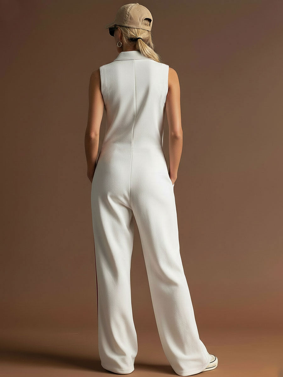 Sporty Retro Red Ribbon White Cotton Sleeveless Jumpsuit