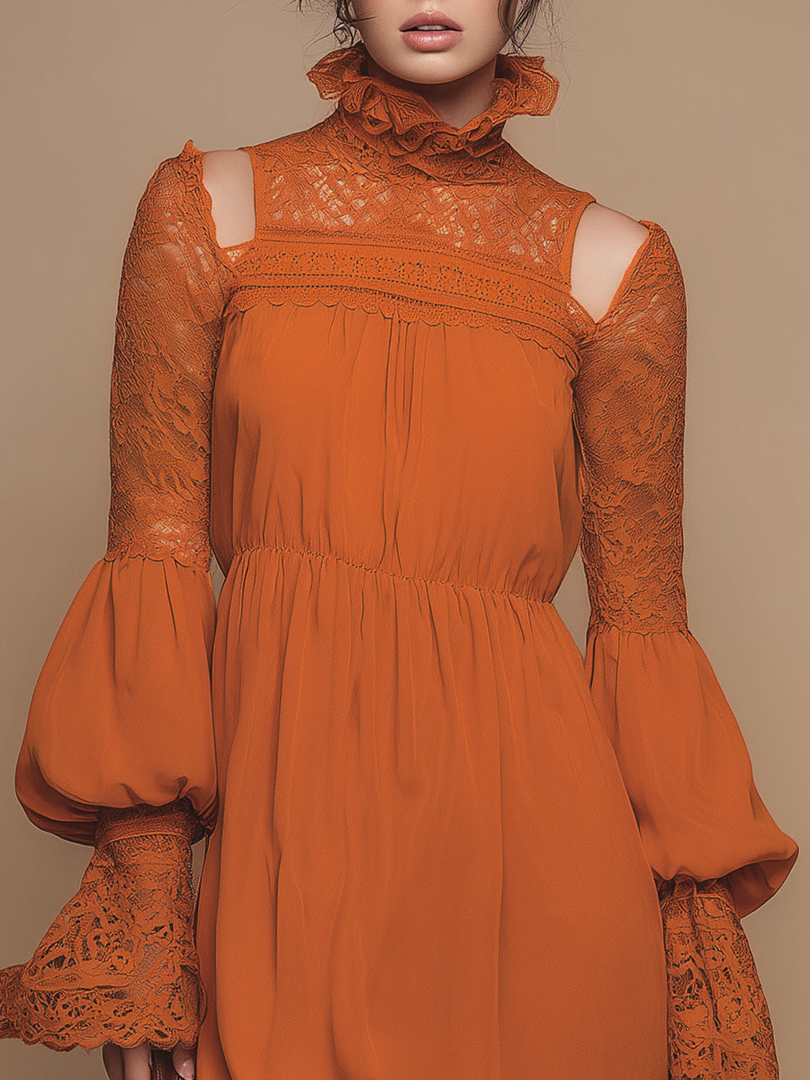 Retro Fashion Slim-fitting Long-sleeved Lace-paneled Off-the-shoulder Orange Woven Mini Dress