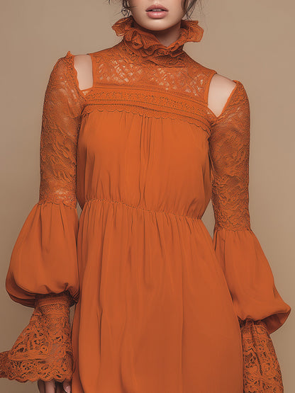 Retro Fashion Slim-fitting Long-sleeved Lace-paneled Off-the-shoulder Orange Woven Mini Dress