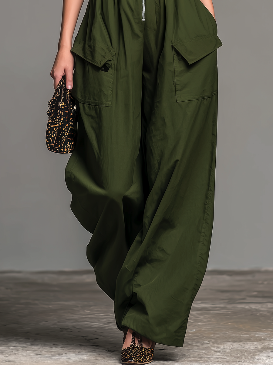 Fashionable And Casual Ruffled Sleeveless Zipper Jumpsuit