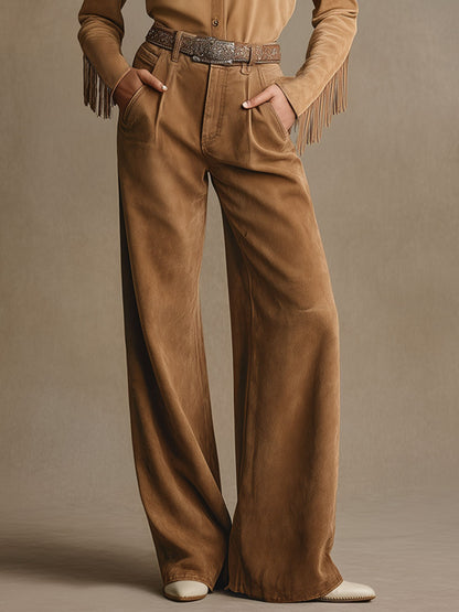 Western Retro Light Brown Faux Suede Wide-leg Pants
