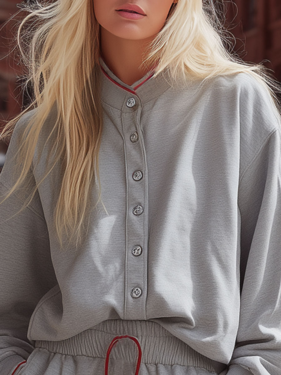 Gray Color-blocked Ribbed Stand-collar Button-up Top And Shorts Athletic Set