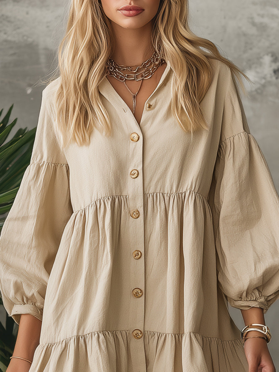 Retro Minimalist Style Stand Collar Ruffle Solid Color Long Sleeve Mini Dress