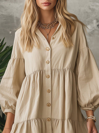 Retro Minimalist Style Stand Collar Ruffle Solid Color Long Sleeve Mini Dress