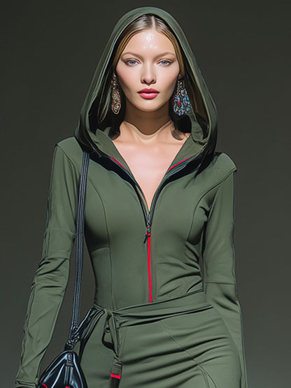 Casual Sporty Green Hooded Half-zip Maxi Dress