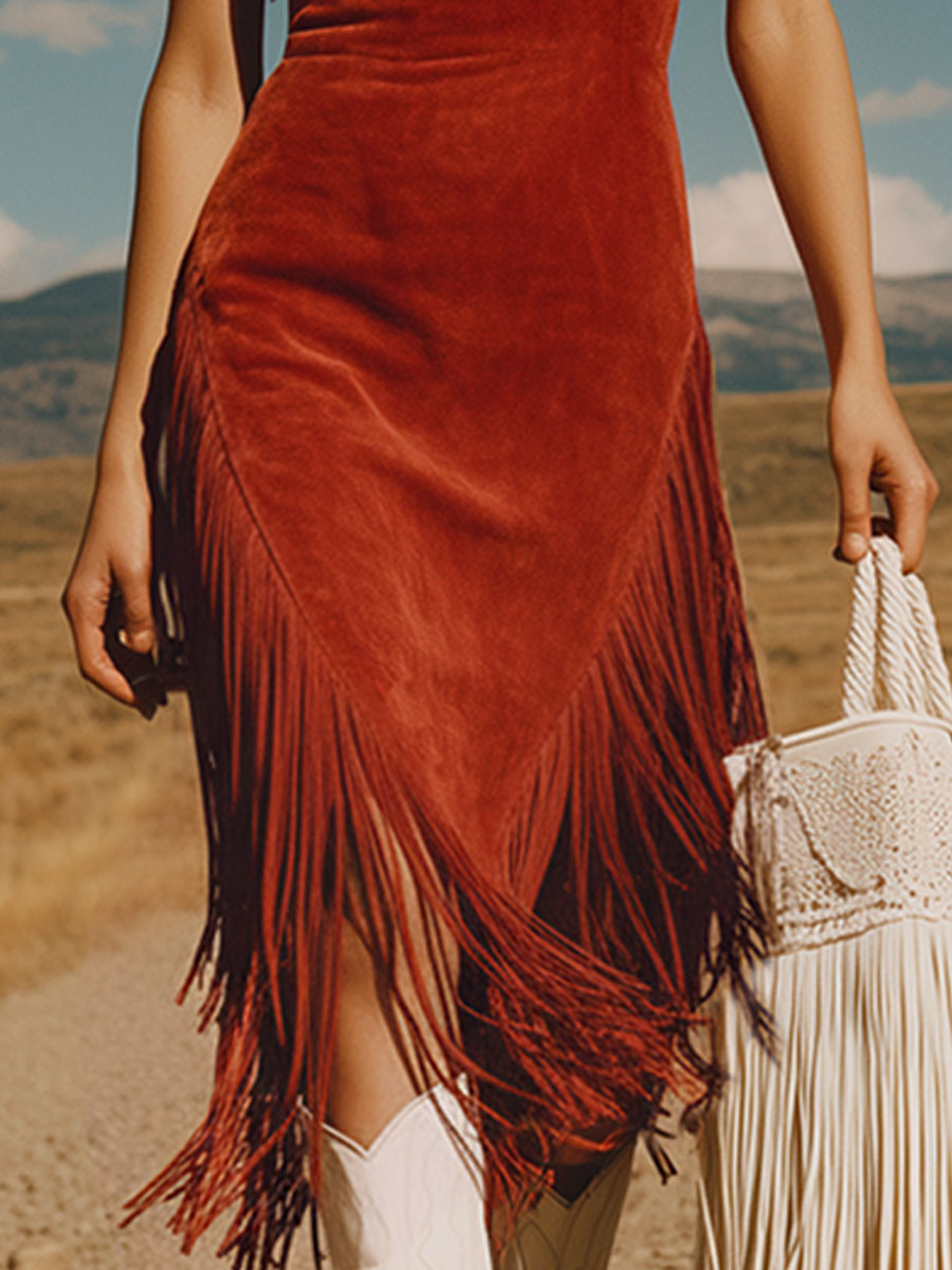 Western Retro Red Faux Suede Tassel Off-Shoulder Midi Dress