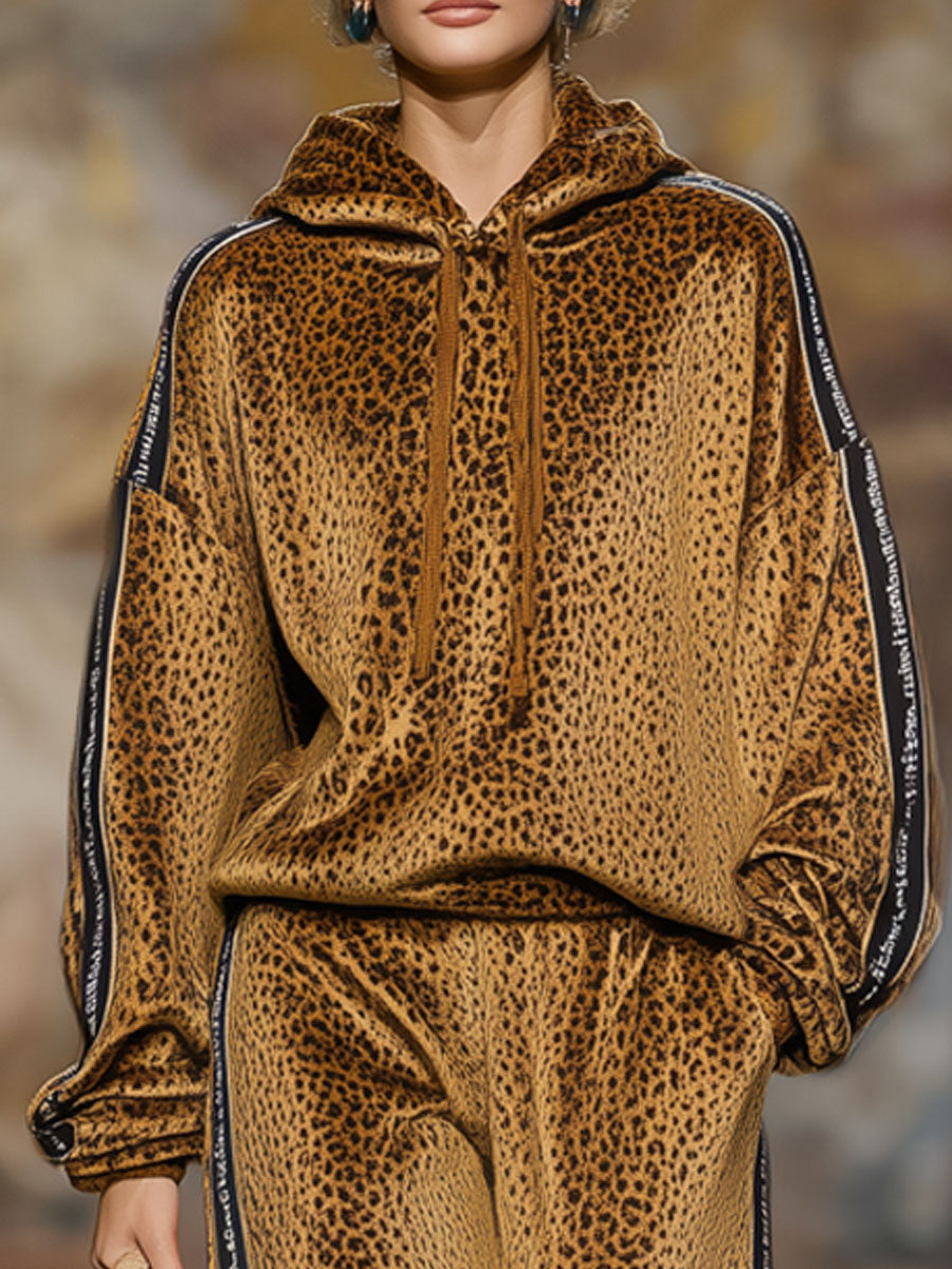 Loose-fitting Velvet Leopard Print Hoodie And Casual Pants Set