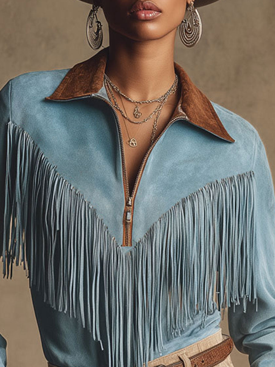 Western Retro Brown And Blue Faux Suede Tassel Long-Sleeved Shirt
