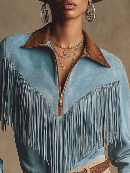 Western Retro Brown And Blue Faux Suede Tassel Long-Sleeved Shirt