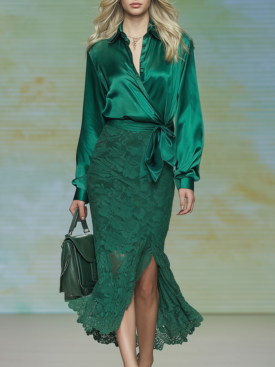 Stylish And Elegant Green Satin Blouse And Lace Skirt Set