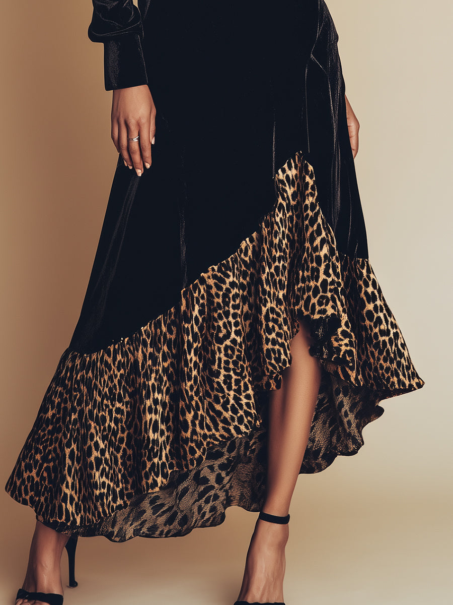 High-end Western-style Irregular Leopard Print Hem Black Velvet Maxi Dress