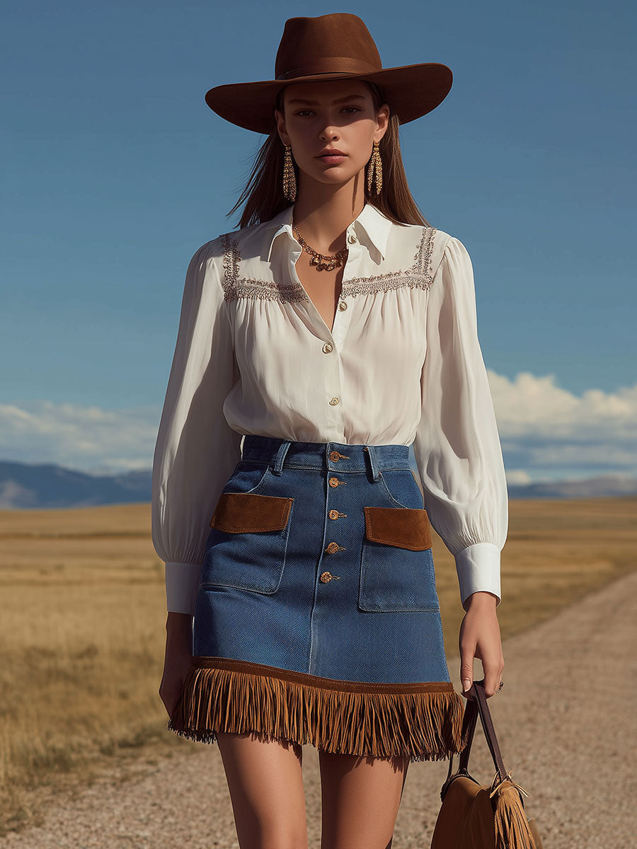 Western Retro Ribbon White Chiffon Long-Sleeve Shirt