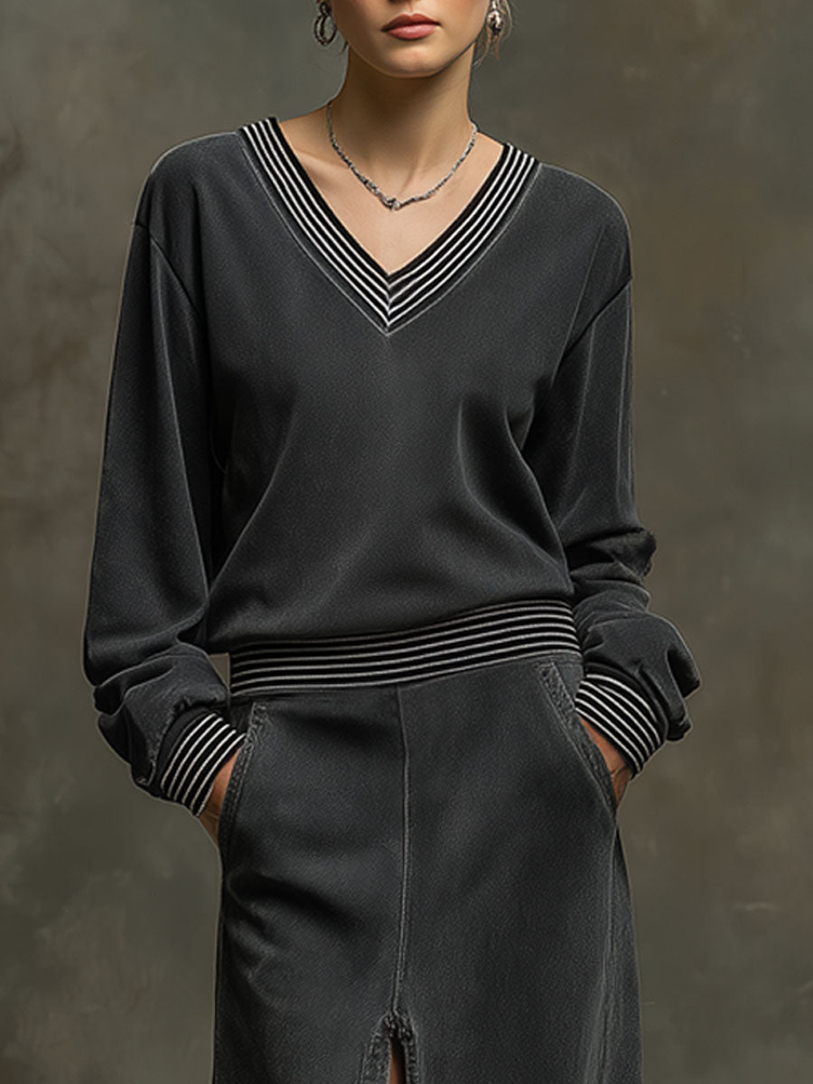 Sporty Retro Striped Ribbed Long-sleeved Dark Gray Washed Cotton Slit Maxi Dress