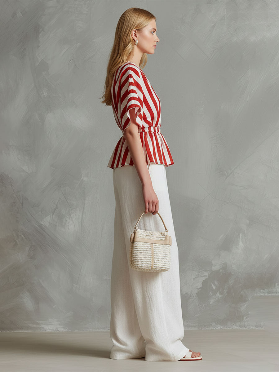 Casual Retro Style Red And White Striped Chiffon Shirt And White Cotton Linen Pants Set