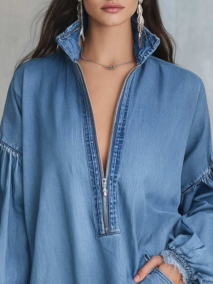 Vintage Charming Classic Elegant Casual Denim Mini Dress