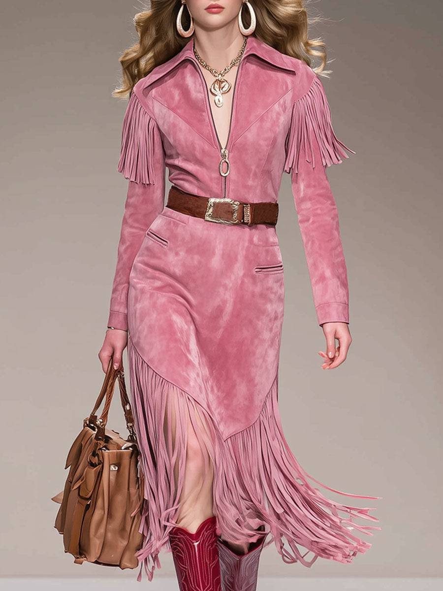 Western Retro Tassel Pink Faux Suede Long-Sleeved Midi Dress