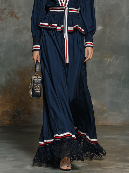 Retro V-neck Color-blocked Striped Satin Maxi Dress