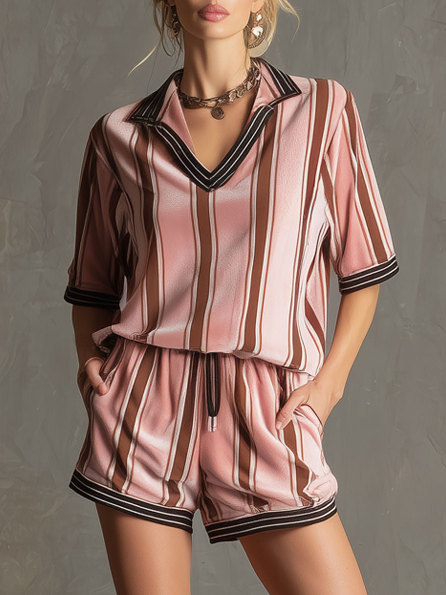 Sporty Retro Pink And Brown Striped Velvet Short-Sleeve Top And Shorts Set