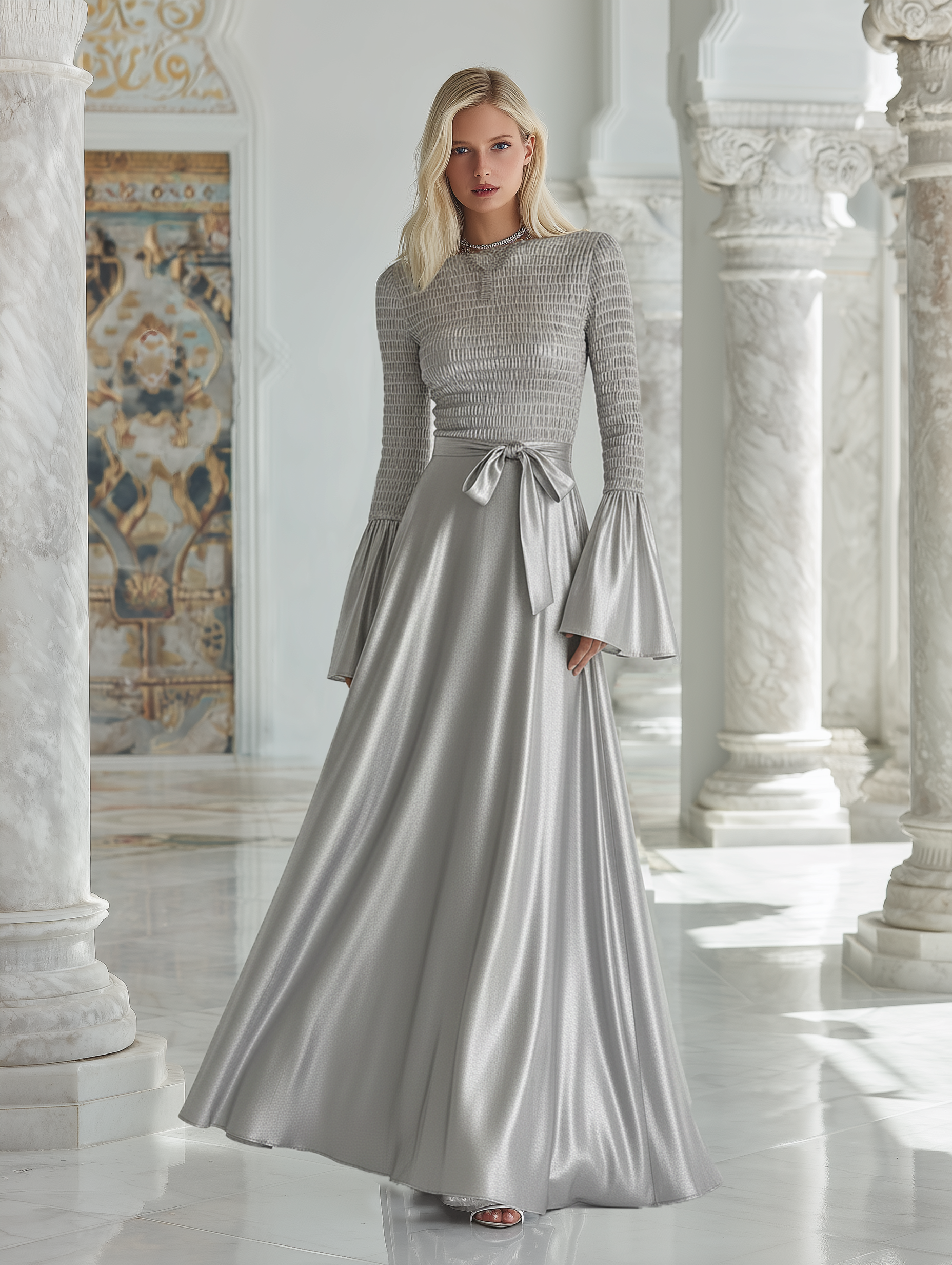 High-fashion Flared Sleeves Silver Maxi Dress
